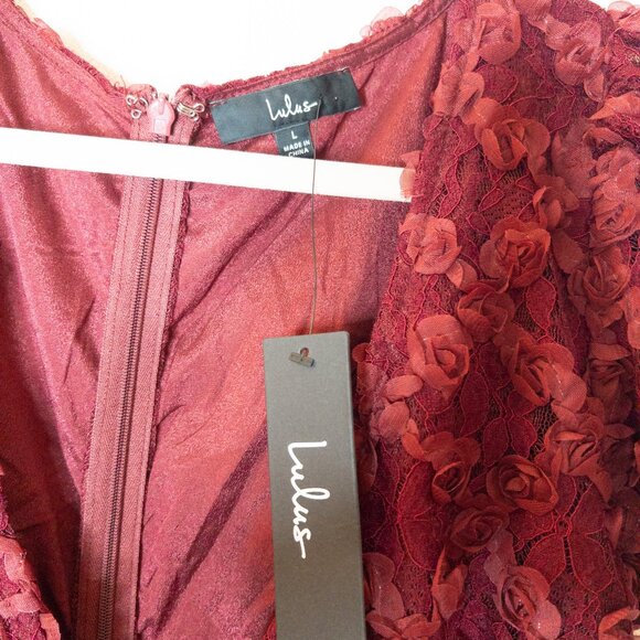 Lulus NWT Burgundy Lace Dress L | 3D Floral Appliqué Wedding Guest Outfit - Picture 9 of 15